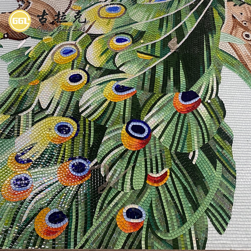 Mural de Mosaico em Vidro Personalizado com Pavão e Árvore | Arte de Parede em Mosaico Personalizada