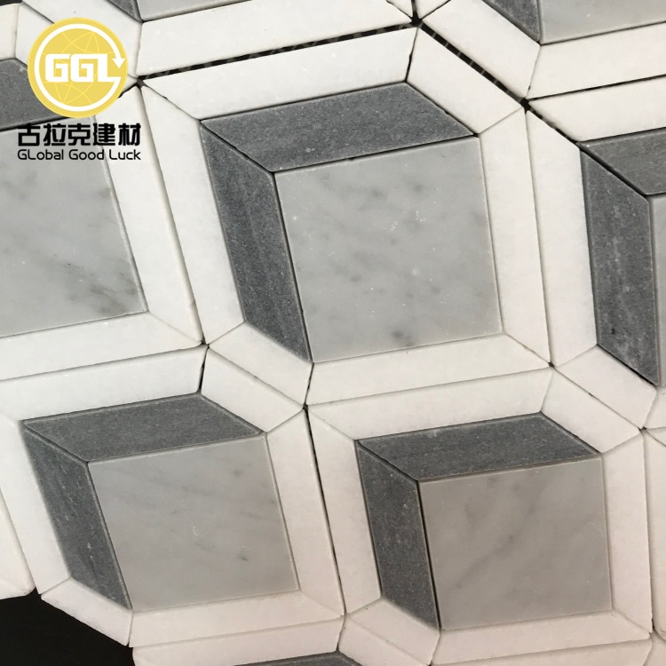 4 Zoll Thassos Weiße Mischkombinierte Hell- und Dunkelblaue Fliese Edles Diamantdesign Marmor Mosaikfliese für Kamin Dekoration