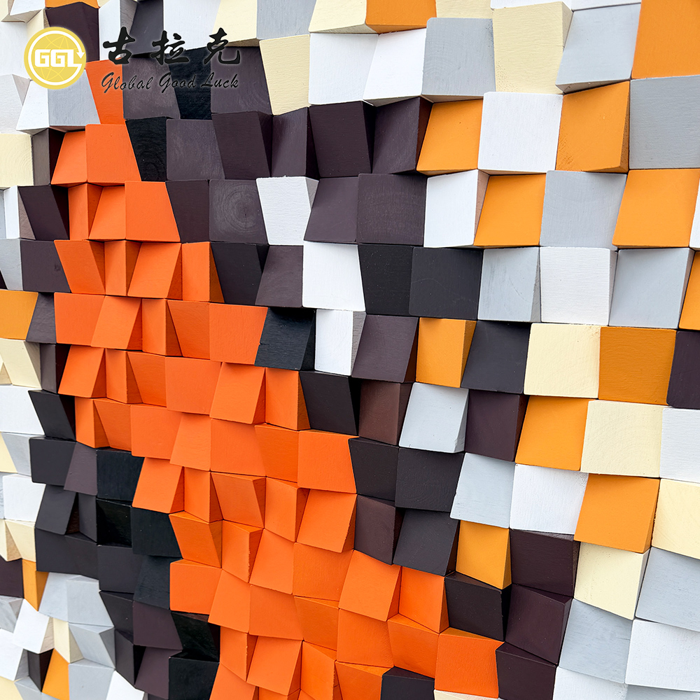 Handmade 3D Abstract Wood Mosaic Mural with Orange & Black Tones