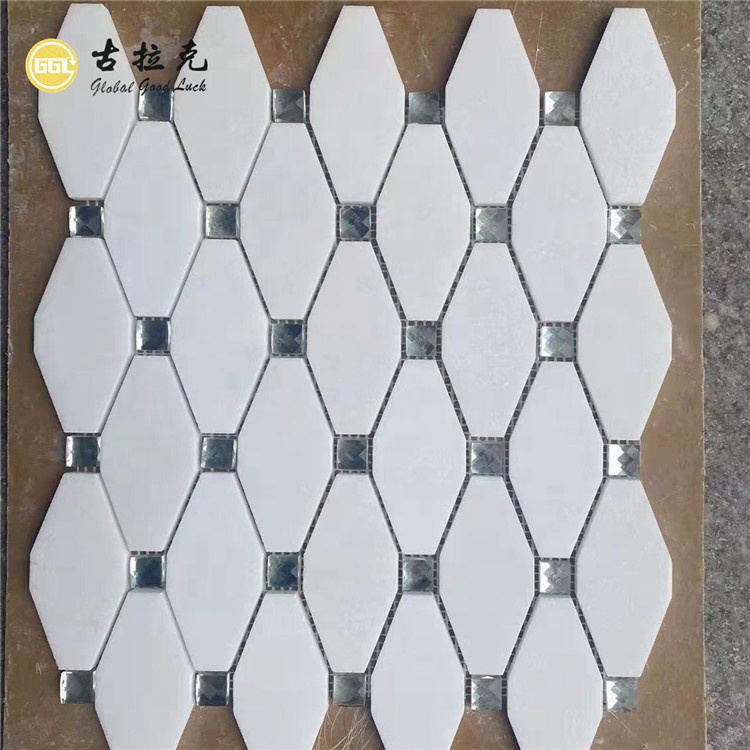 کاشی موزاییک سنگ مرمر سفید تاسوس مخلوط شیشه شکل هشت ضلعی برای دیوار و کف