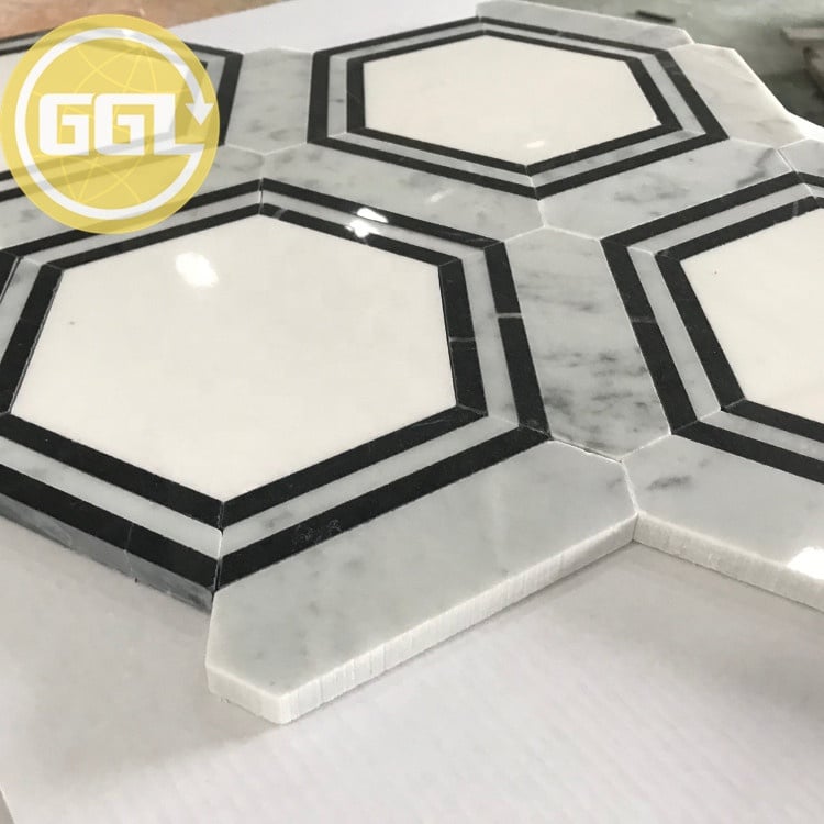 Poliertes Carrara-Weiß-Marmor-Mix-Nero-Schwarz-Marmor-Hexagon-Form-Mosaik-Kachel Für Heim/Villa-Wand/Boden-Design