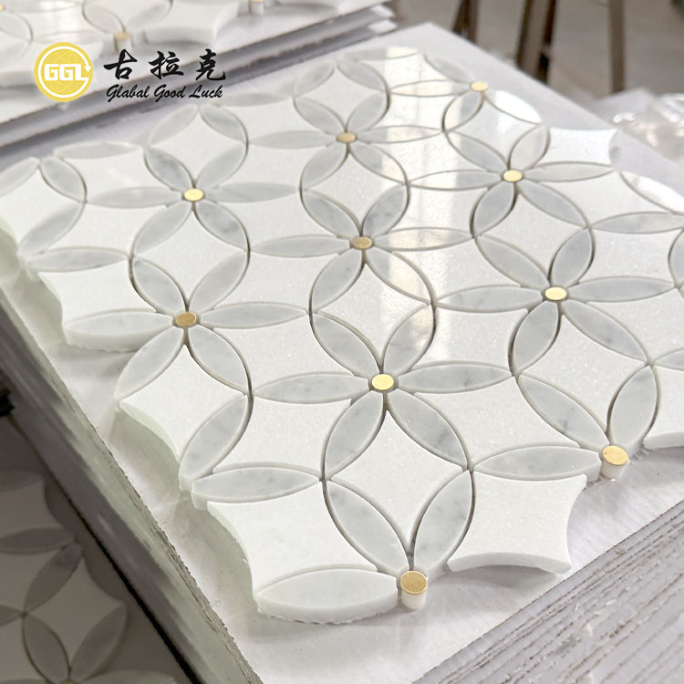 Inlay Marmair Le Mósáic Waterjet Dot Práis le haghaidh Tíleanna Backsplash Balla Cistine