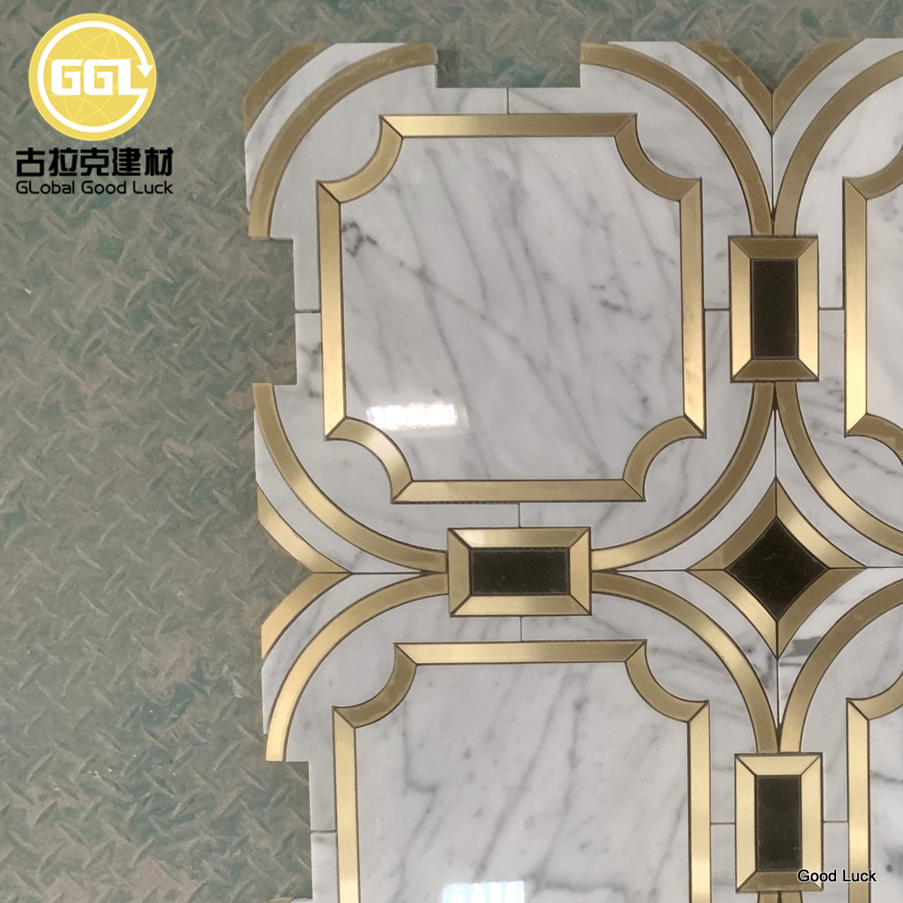 Patrón de Diseño de Lujo de Mármol con Mosaico de Chorro de Agua de Latón