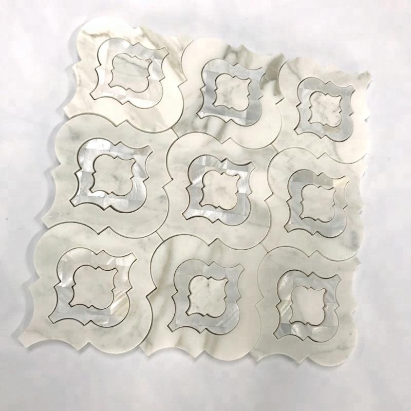 Piso Mosaico de Mármore Waterjet em Forma de Lantern com Concha de Pérola Branca