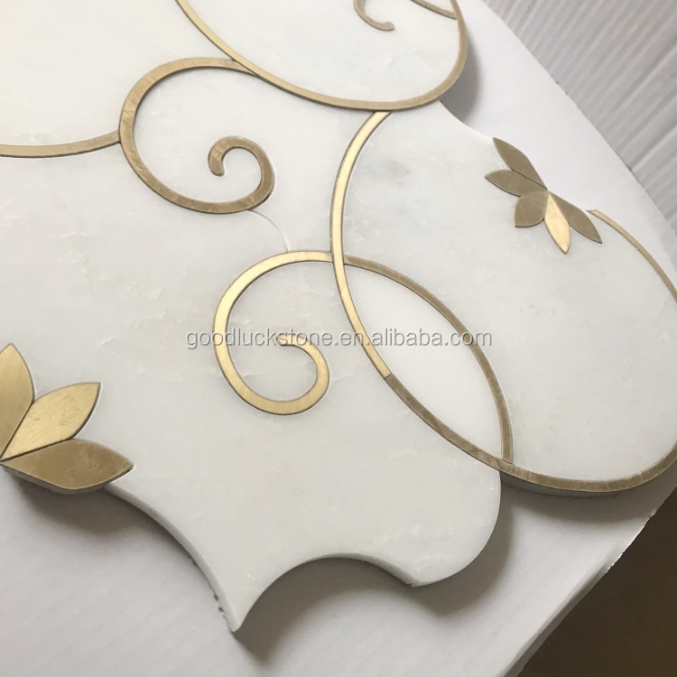 White Mable Campuran Brass Waterjet Corak Bunga Mozaik untuk Til Dinding Bilik Mandi dan Dapur