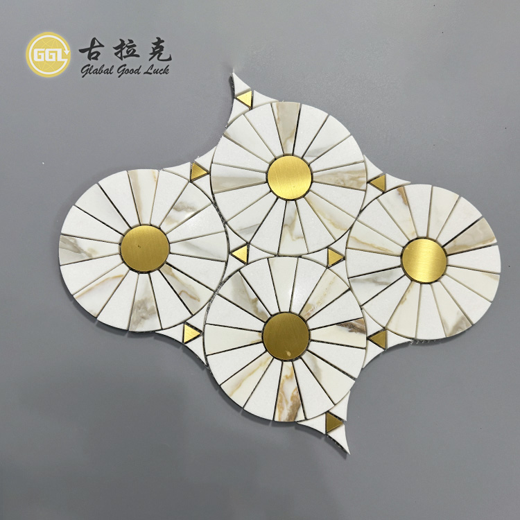 Calacatta Gold Marble Mix Brass Round Pattern Waterjet Mosaic Tile
