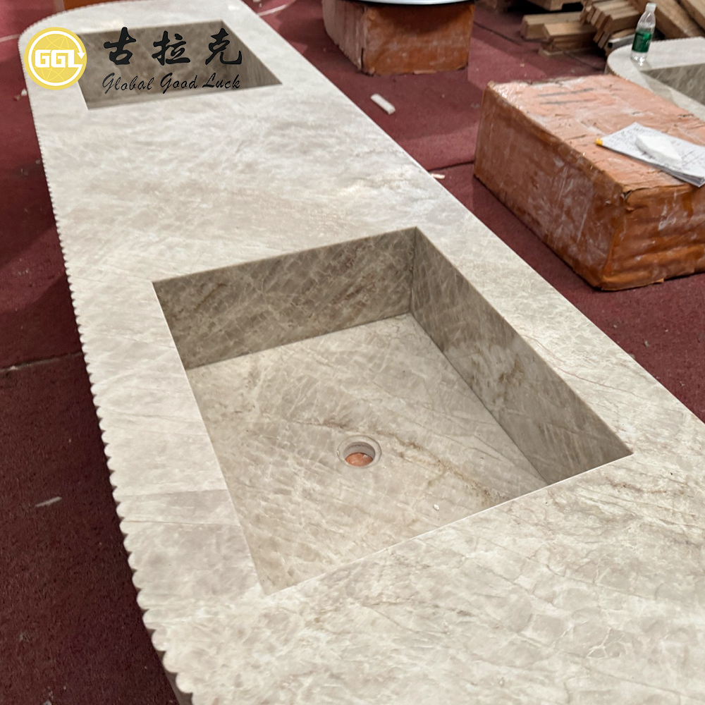 Taj Mahal-Quarzit gefurchte Waschtischplatte | Individuelle schwebende Steinschüssel