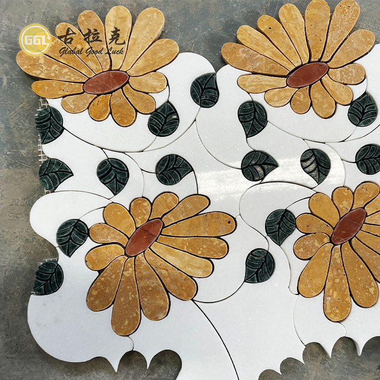 Elegante Sonneblom Mosaïek Tegel Water Jet Marmer Mosaïek vir Tuis Dekor