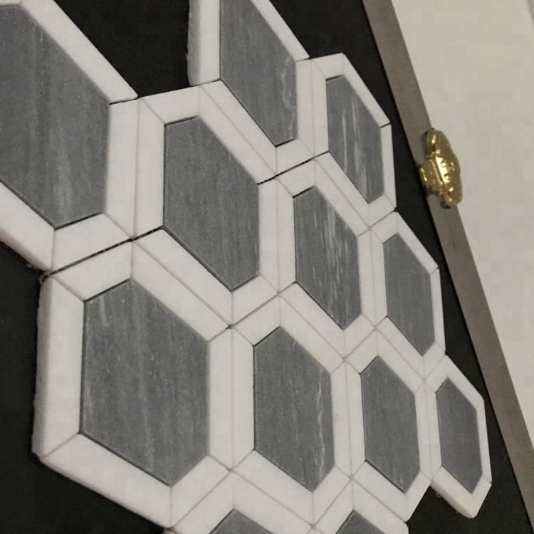 4 Zoll Sechseckmuster Marmor Grau Mix Weiß Mosaikfliese für Badezimmer Rückwand Wand Boden Dekor