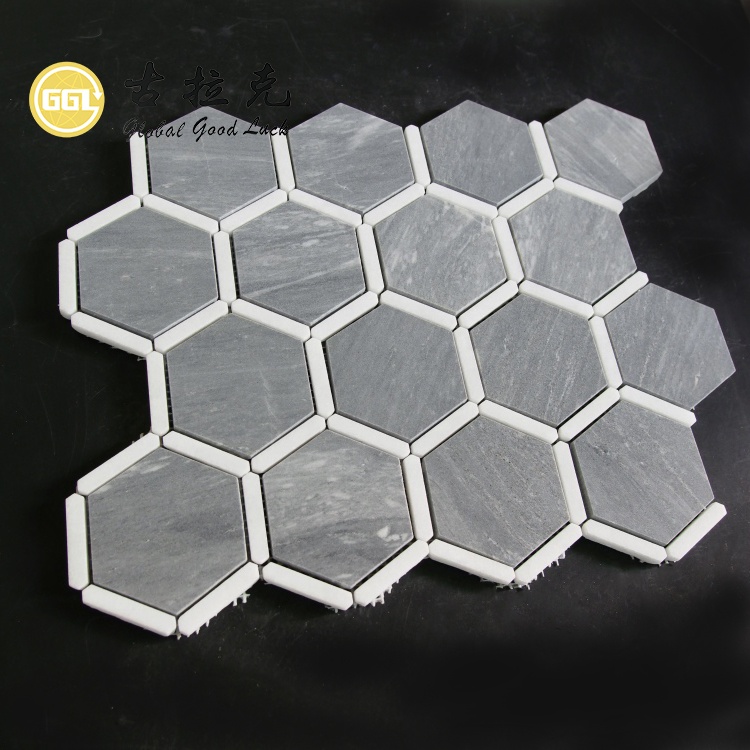 Azulejo de mosaico hexagonal de mármol Modern Grey Mix White para salpicadero de cocina
