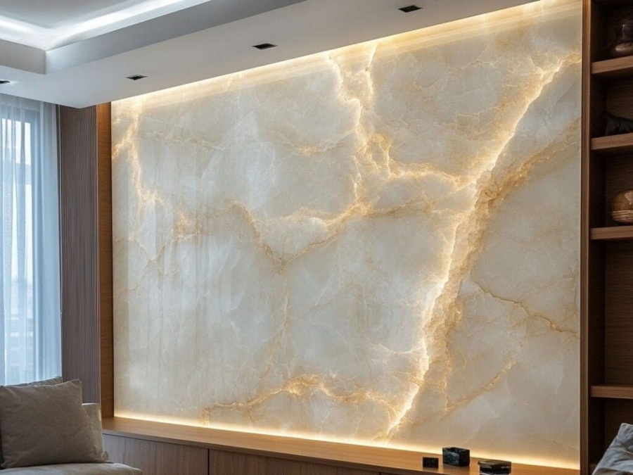 Backlit marble feature wall for luxury commercial space