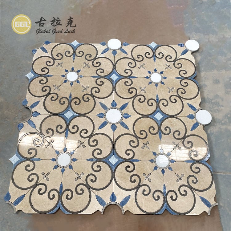 Flower Design Marble Mosaic Tile Blaue Beige Steinfliesen für die Villen-Innenausstattung