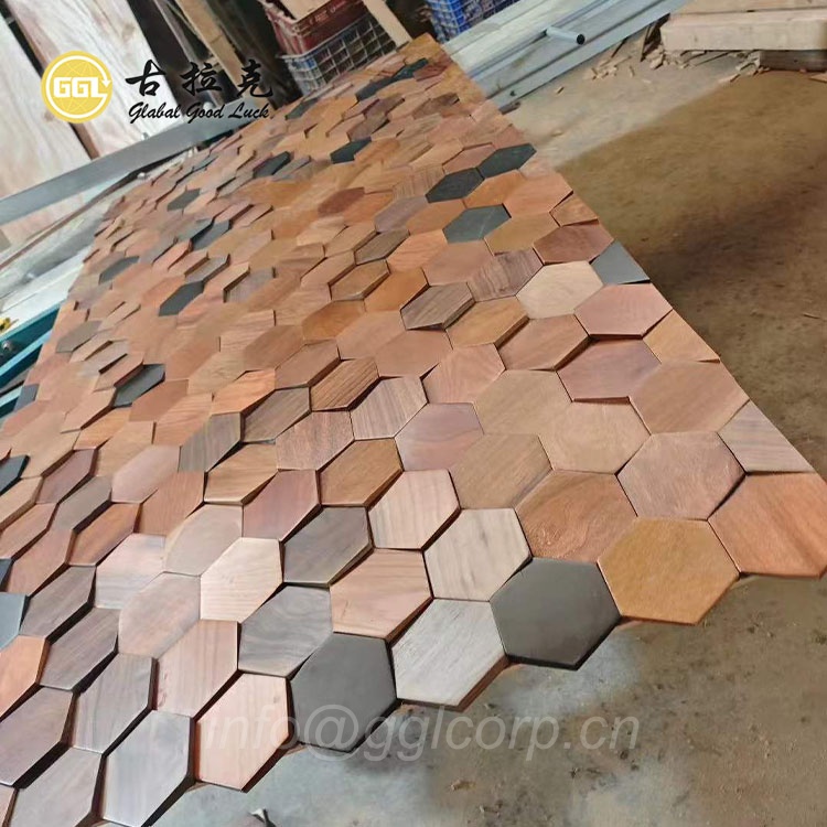 3D Hexagon Wood Mosaic Tiles – Natural Wooden Wall Panels for Interior Decoration