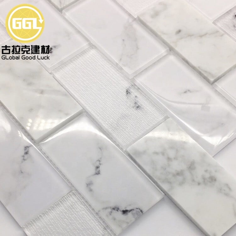 Strip Shape Stone Mix Crystal Glass Mosaic Tile for Bathroom Wall Tile
