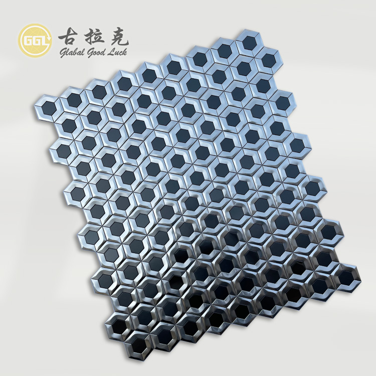 3D Vlekvrye Staal Mosaïek Backsplash Seshoek Silwer Metaal Mosaïek Teël