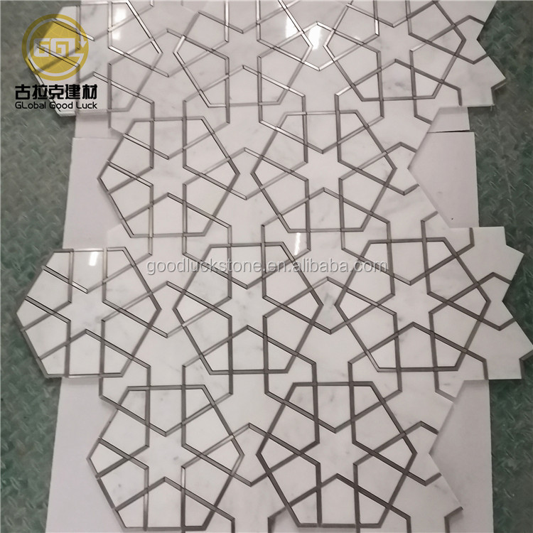 Azulejo de mosaico hexagonal con incrustaciones de acero inoxidable, azulejo de mármol cortado por chorro de agua para decoración del hogar