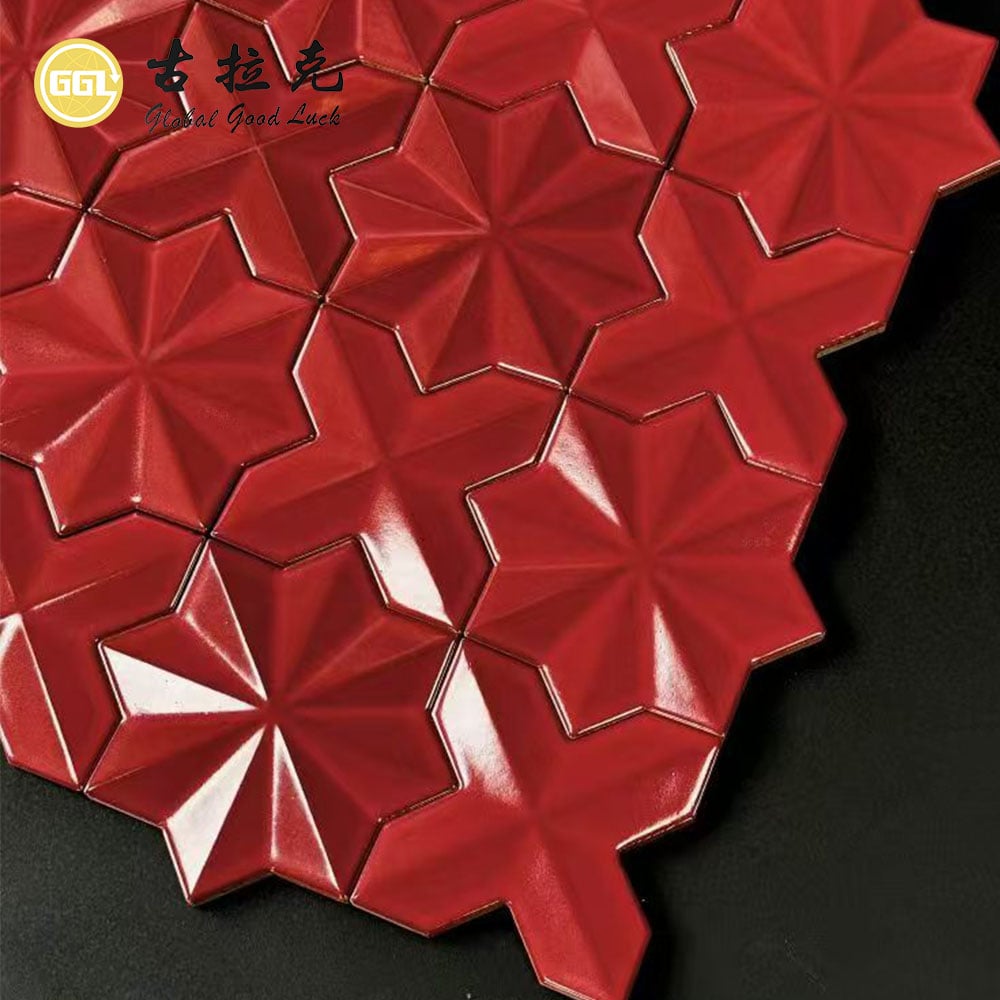 Red 3D Star Pattern Ceramic Mosaic Tile with Gold Accents for Decorative Walls