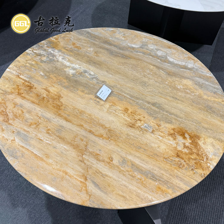Italienischer Travertin Goldener Tischsatz Runder Marmor Luxusdesign Couchtisch