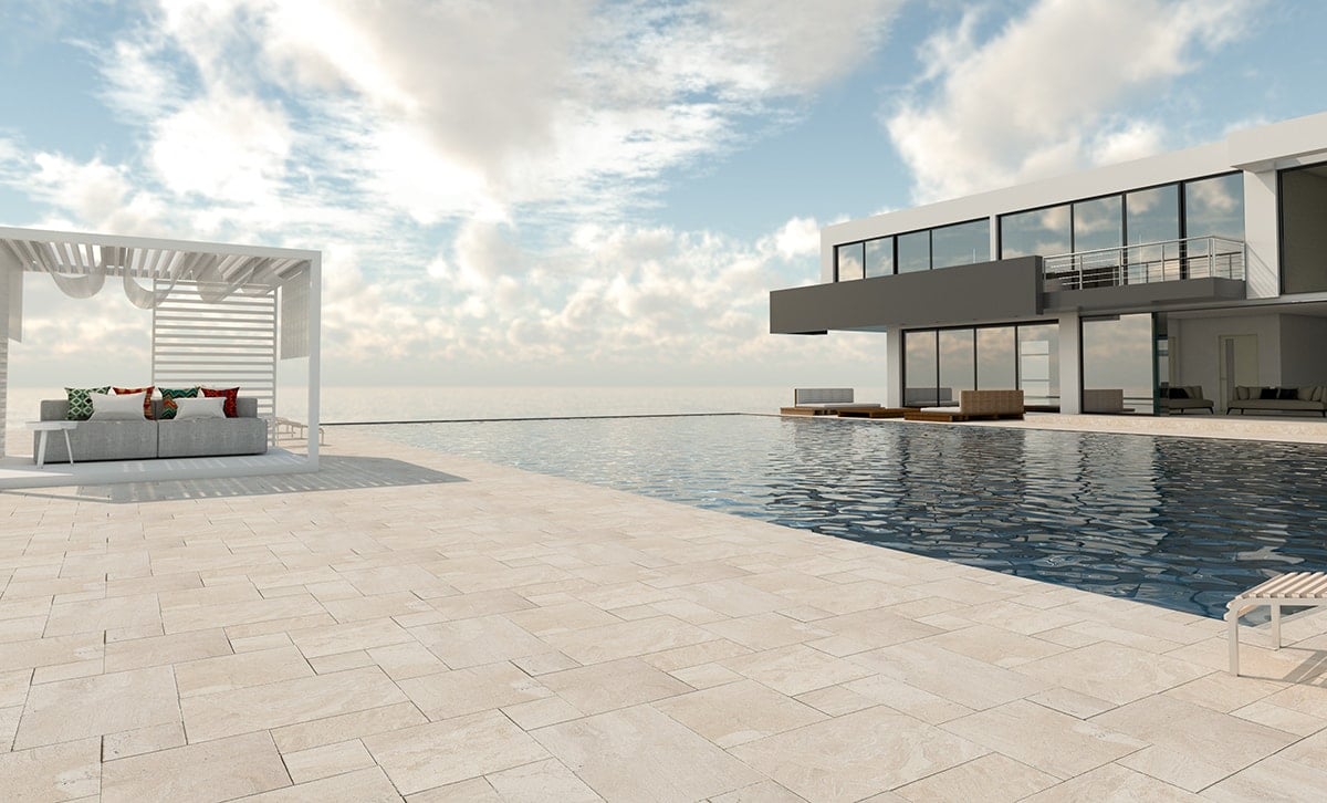 Contemporary outdoor residential architecture and terrace inspiration for limestone and travertine pavers
