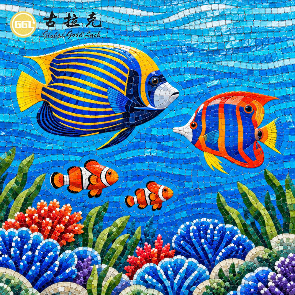 Custom Underwater Glass Mosaic Art Mural with Dolphin and Tropical Fish for Pool Walls
