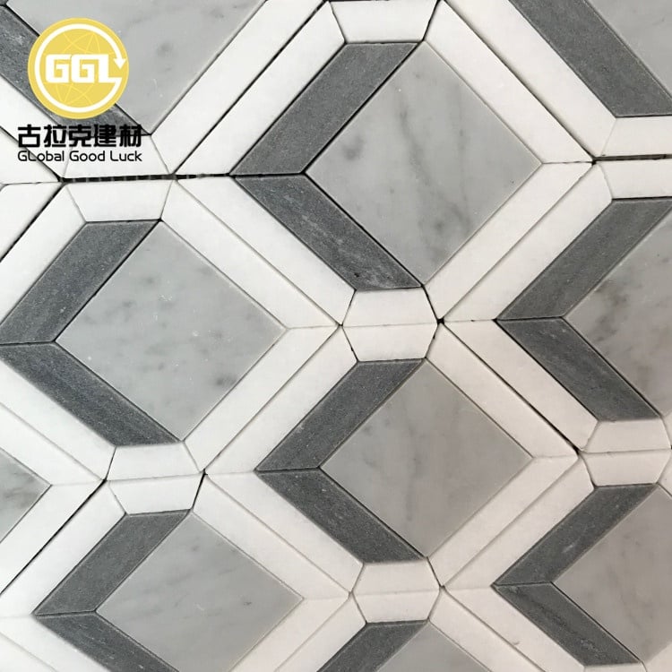 4 Zoll Thassos Weiße Mischkombinierte Hell- und Dunkelblaue Fliese Edles Diamantdesign Marmor Mosaikfliese für Kamin Dekoration
