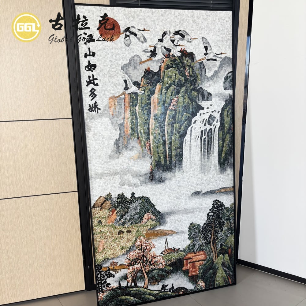Handmade Natural Marble Mosaic Mural Landscape Painting for Luxury Interior Wall Decoration