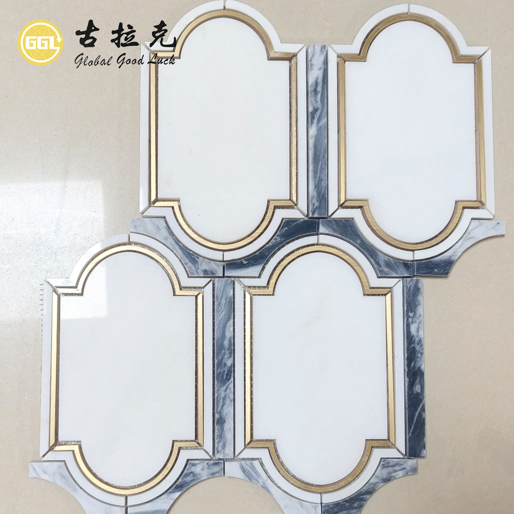 Bespoke Florence Grey Marble Mosaic with Brass Inlay | Architectural Waterjet Stone Design