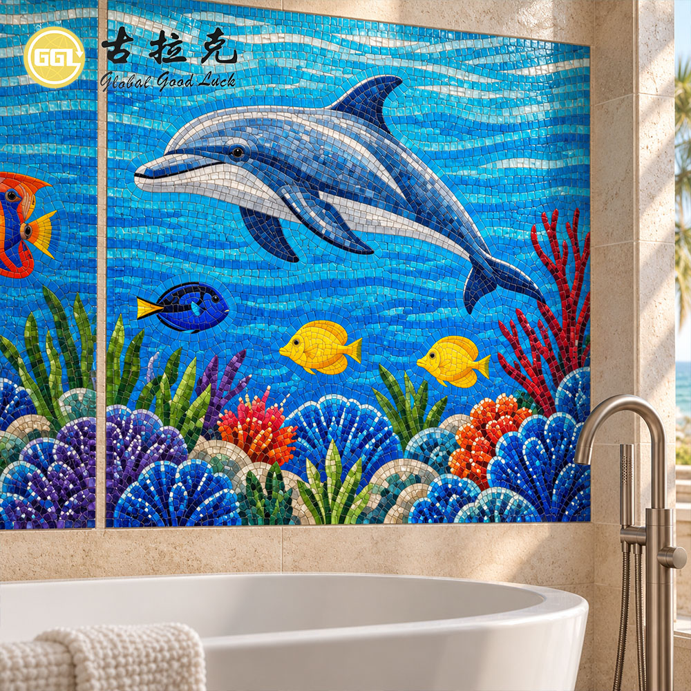 Custom Underwater Glass Mosaic Art Mural with Dolphin and Tropical Fish for Pool Walls
