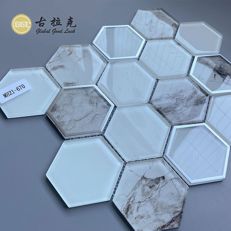 White Glass Mosaic With Stone Pattern Crystal Glass Mosaic Tile Wall Decor