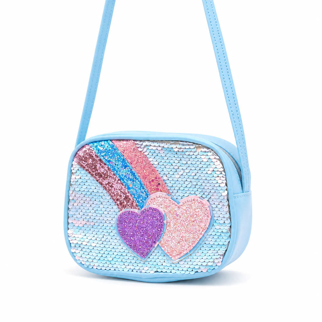 Borsa a tracolla per bambini a forma di cuore con paillettes, 15 cm, arcobaleno