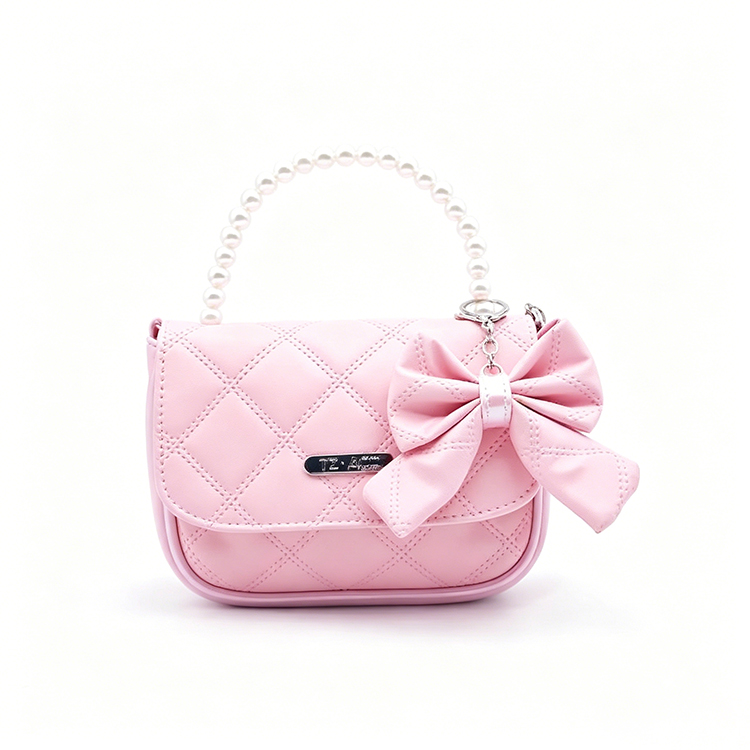 Rosa kviltd mini-prinsesshandväska med pärlhandtag och fjäderformad hänglås, barns crossbody-väska för fest och dagliga utfärder