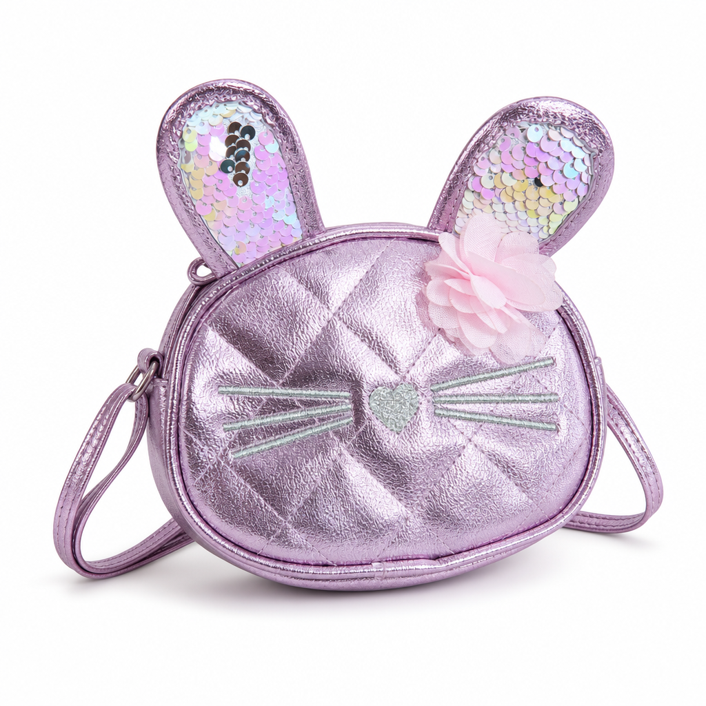 Borsa a tracolla per bambini a forma di coniglio metallizzato, 15 cm, con finitura trapuntata e paillettes