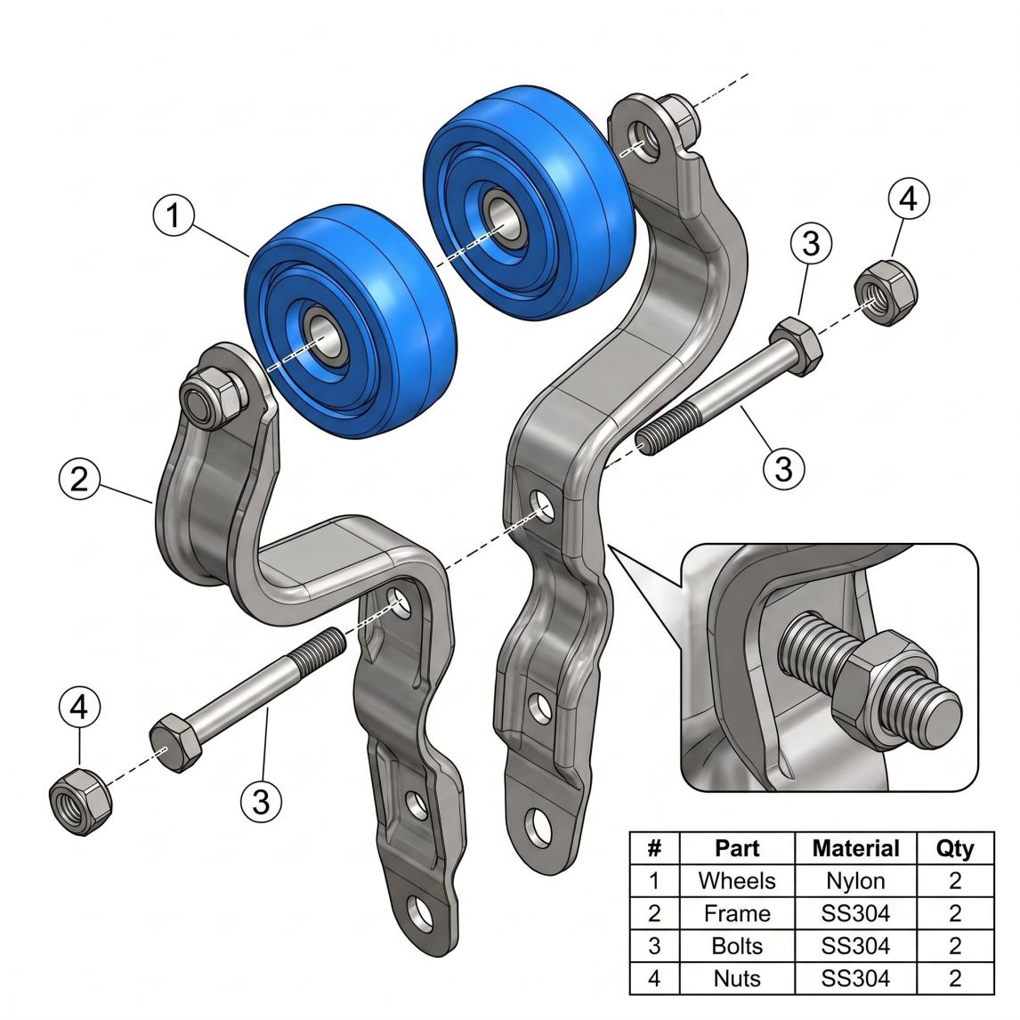 T Track Trolley System Assembly Components Exploded view showing assembly components of T track trolley system