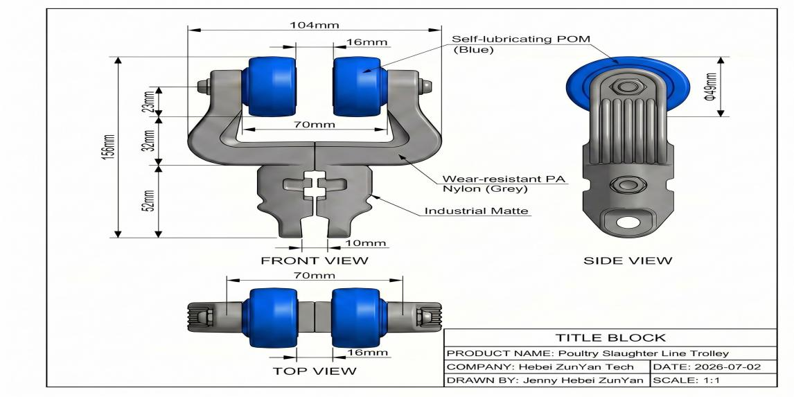 T-track Poultry Conveyor Technical Specifications Nylon trolley sets technical drawing showing T-track poultry conveyor dimensions and specifications