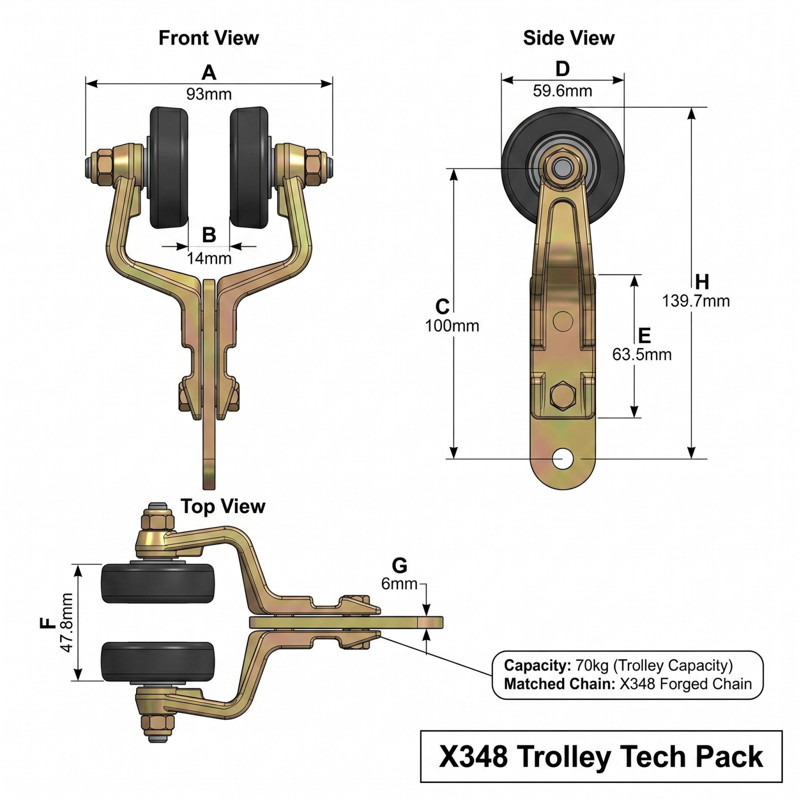 X348 Trolley Dimension Technical Drawing Technical dimensional drawing for 3 inch X348 overhead conveyor trolley showing measurements and specifications