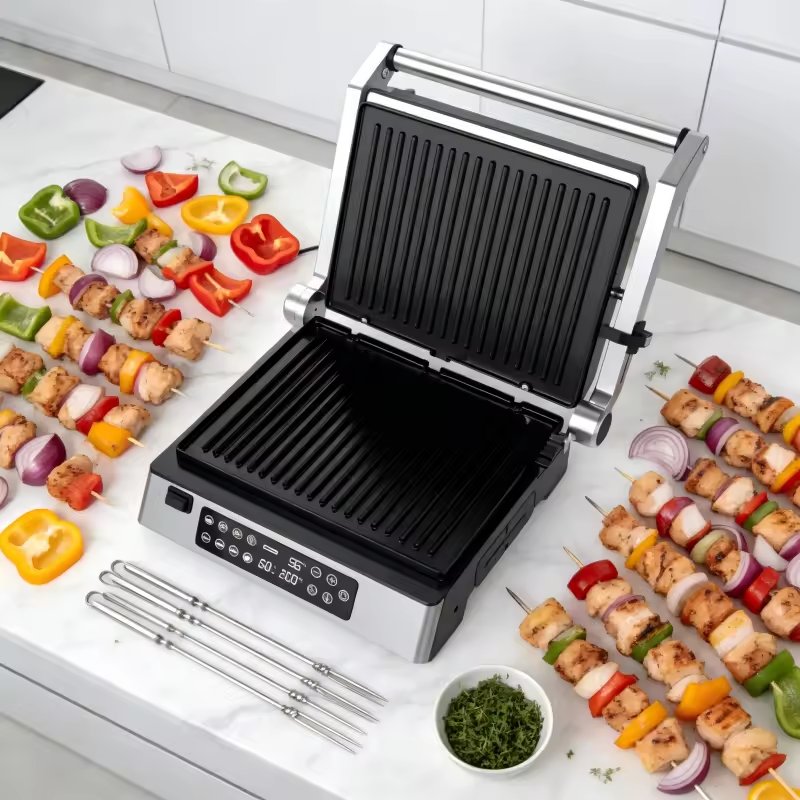 Indoor Electric Grill with Detachable Plate & Digital Touch Screen – 2000-2200W, 105°/180° Open