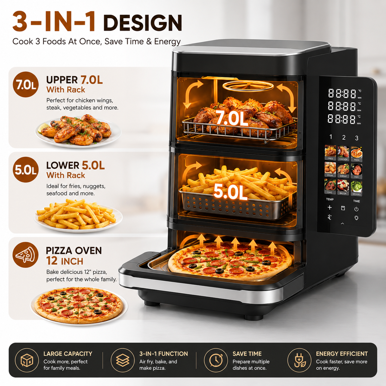 Digital Air Fryer 6.0L+4.0L with 10'' Pizza Oven – 2800W, 12 Cooking Programs