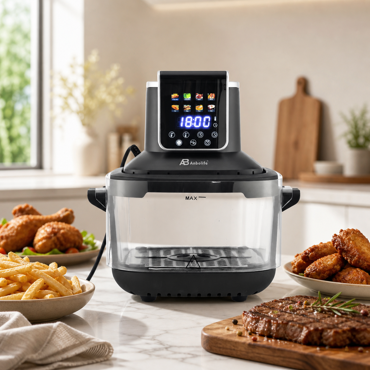 Dual Glass-Bowl Air Fryer 3L + 5.5L with 8 Cooking Functions – 1400W, Digital Display
