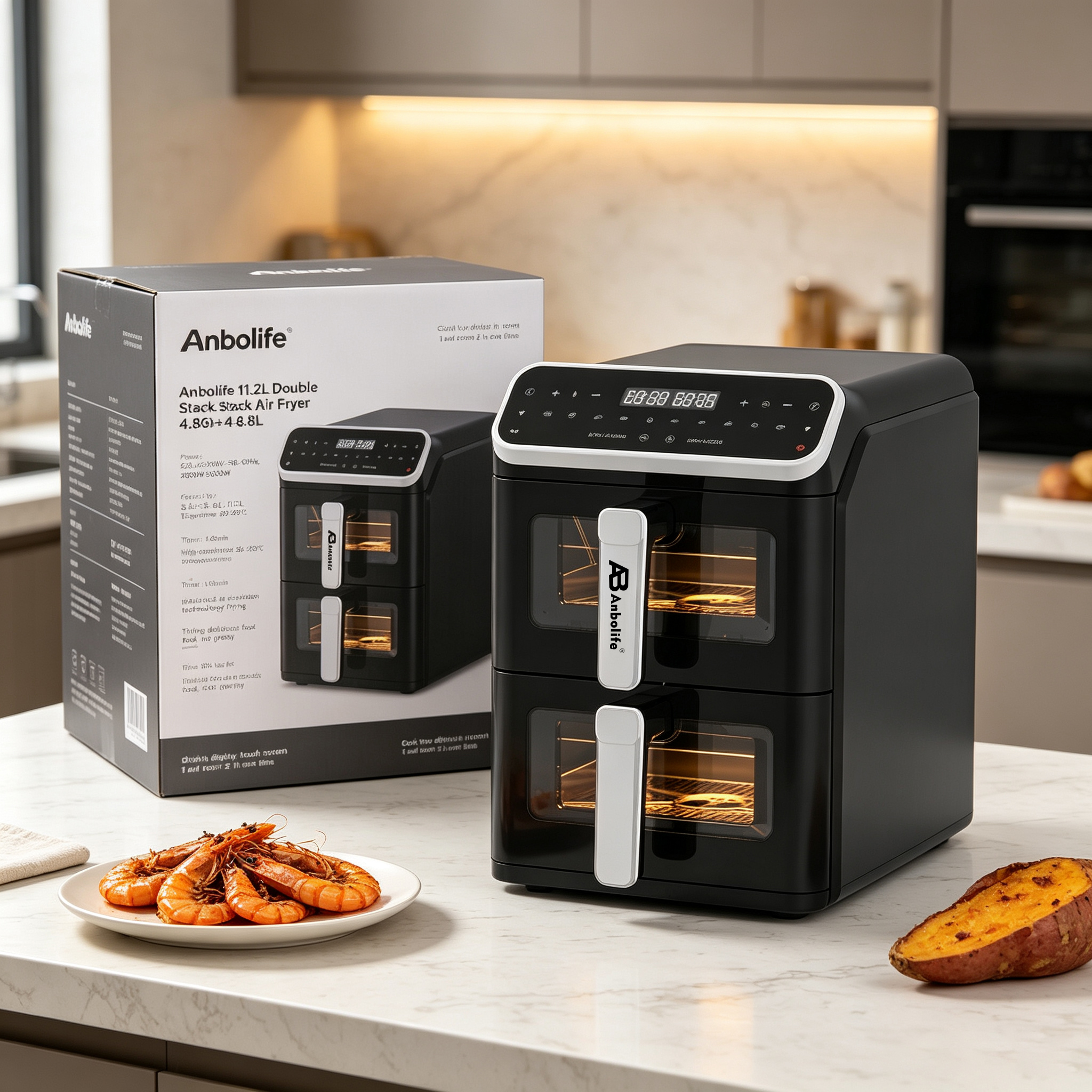 Dual-Basket 11.2L Digital Air Fryer with Touch Screen – Cook Two Dishes at Once, Up to 80% Less Fat