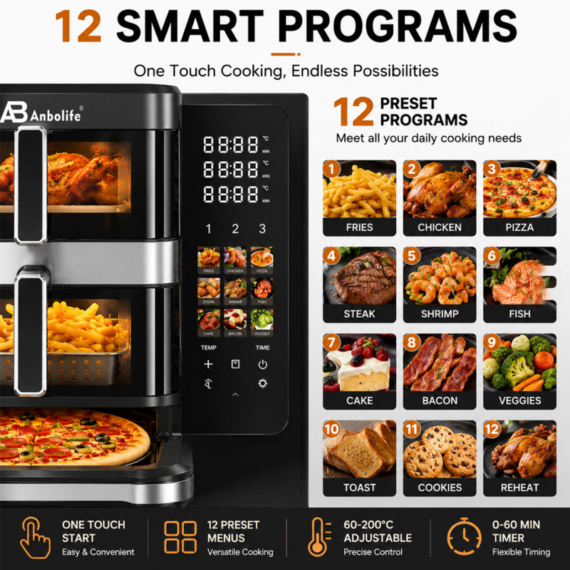 Digital Air Fryer 6.0L+4.0L with 10'' Pizza Oven – 2800W, 12 Cooking Programs
