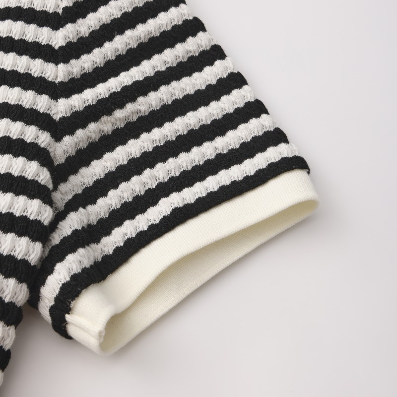Women's Striped Knit Polo Shirt - Retro Ripple Texture Short Sleeve Sweater