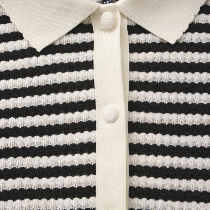 Women's Striped Knit Polo Shirt - Retro Ripple Texture Short Sleeve Sweater