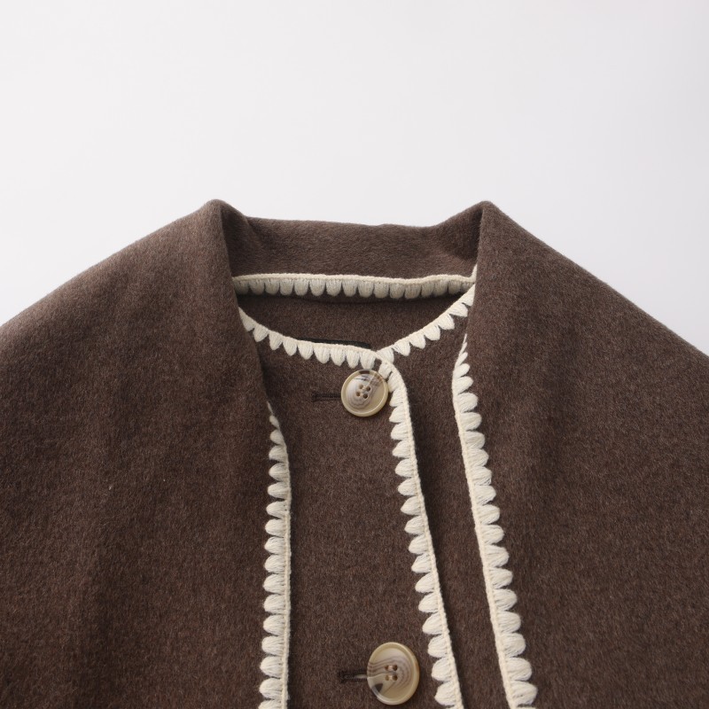 Women's Wool Blend Wrap Coat - Elegant Crochet-Stitch Trim Oversized Outerwear