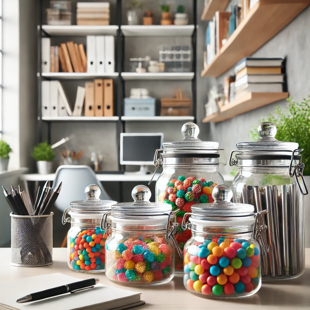A stylish home office with glass storage jars, filled with candies and small office supplies, creating a well-organized workspace - Versatile and Eco-Friendly Glass Food Storage Jars with Lids