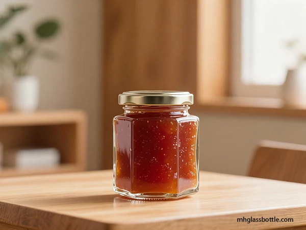 A hexagonal glass jar with a metal lid, filled with honey.