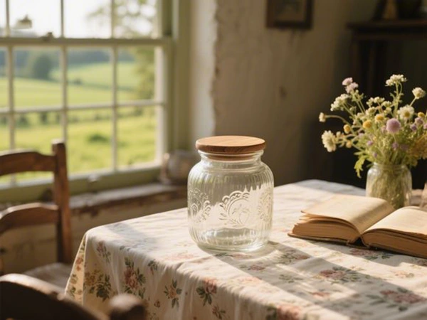 An embossed glass jar with a wooden lid for food storage.