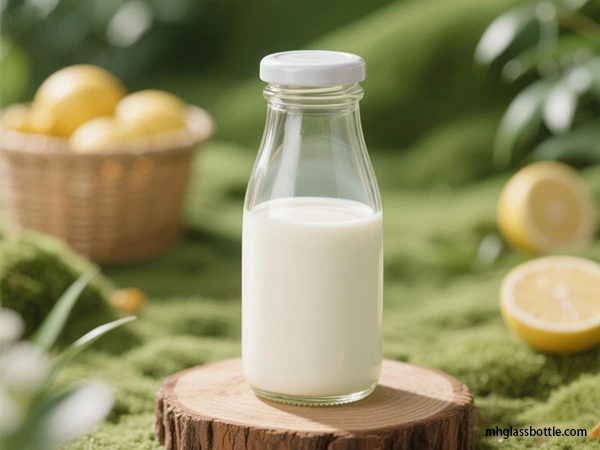 a glass milk bottle with metal lid