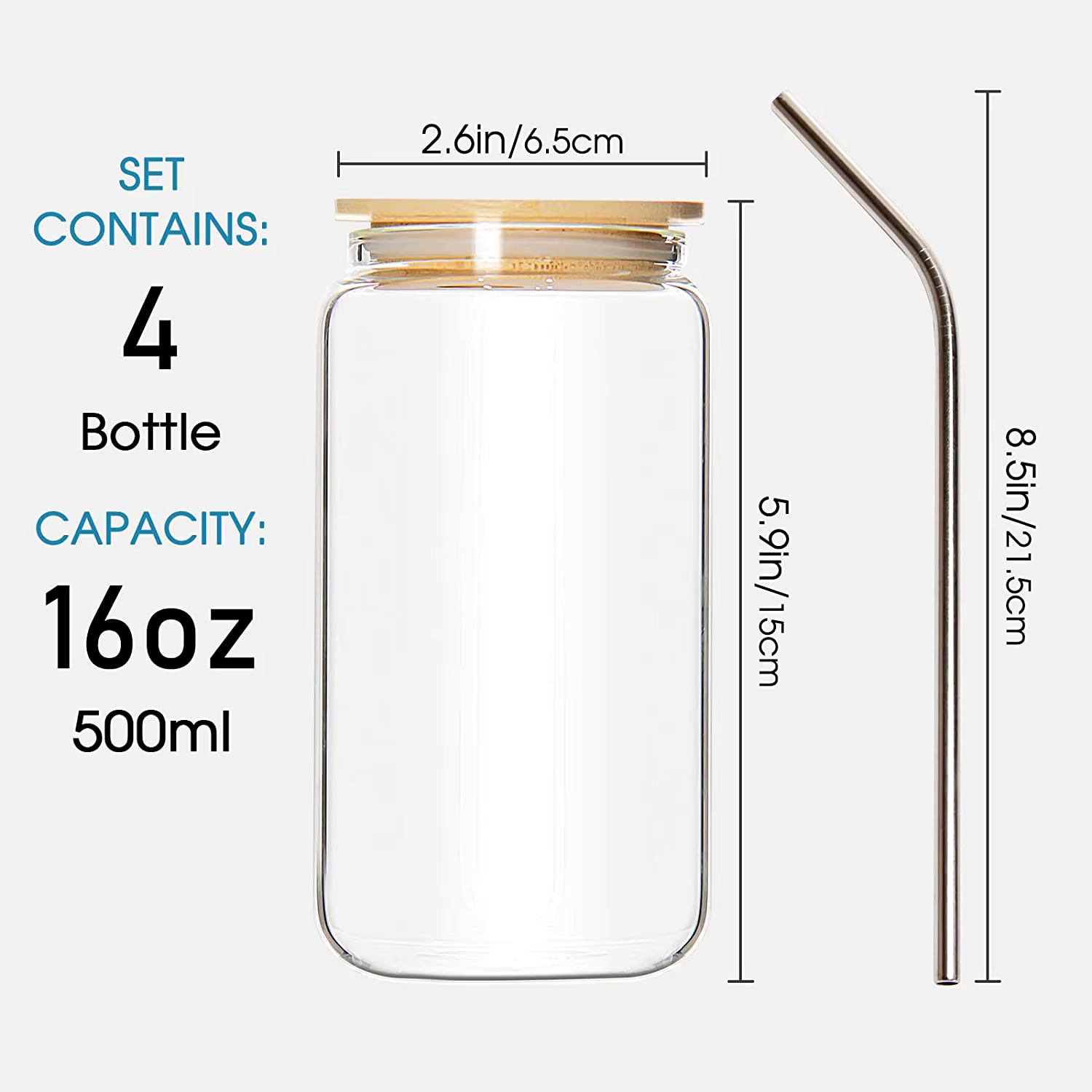 500ml/16oz Borosilicate Glass Jar With Lid And Straw For Beverage