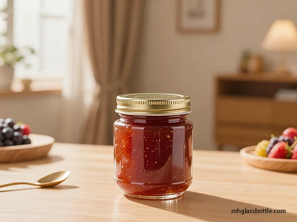 A round 4oz glass jar with a gold lid, filled with jam.