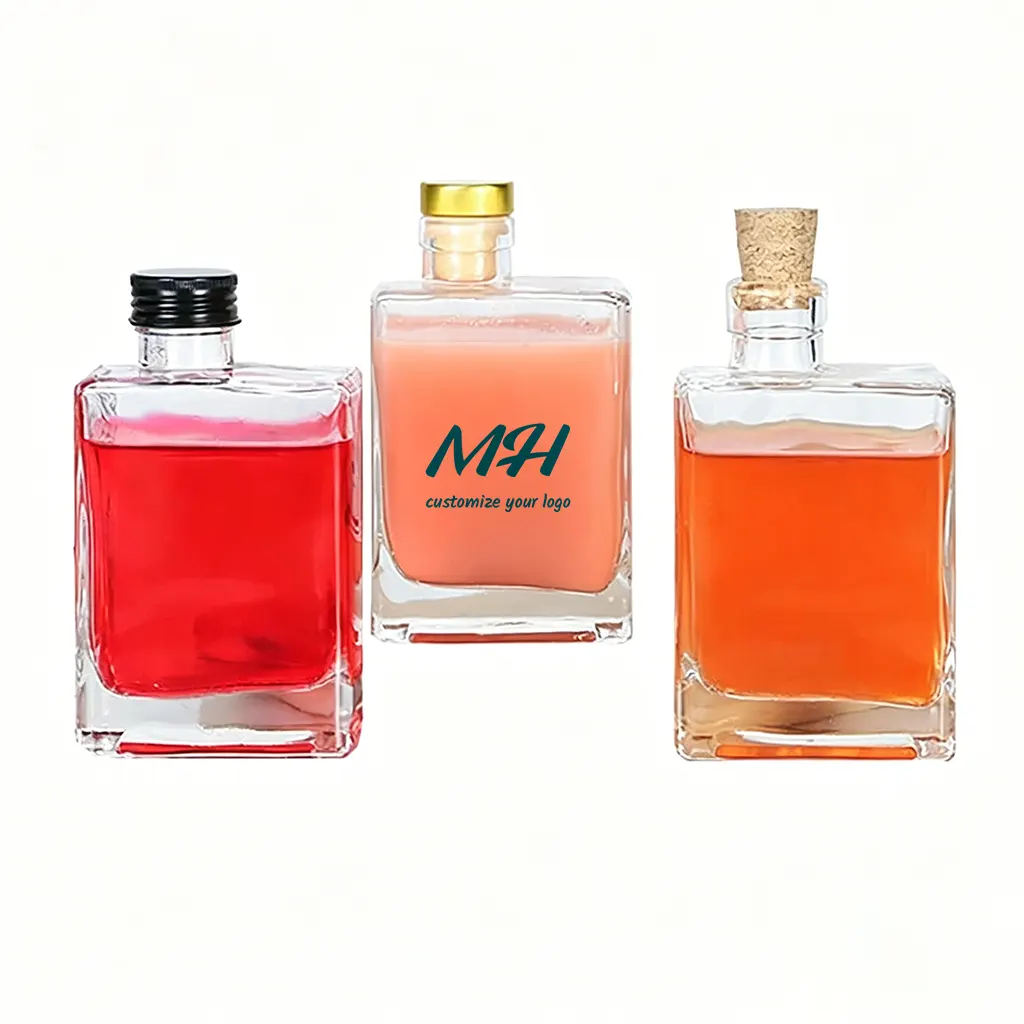 200ml 300ml Square Glass Juice Bottles with Lids for Beverage Supply